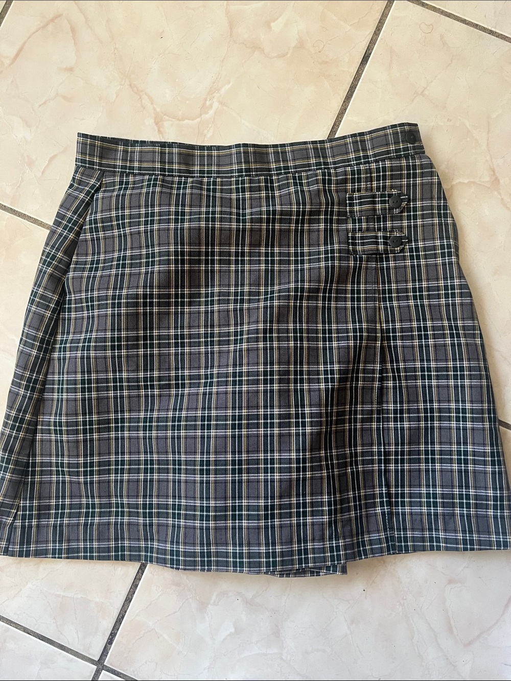 Plaid Mini Skirt in Navy and Green with Side Button Detail